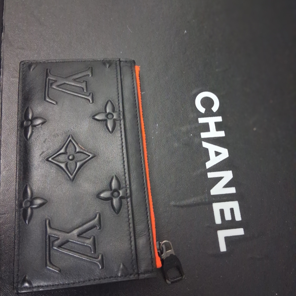 Louis Vuitton Embossed Black Leather Card Wallet with Orange Zip